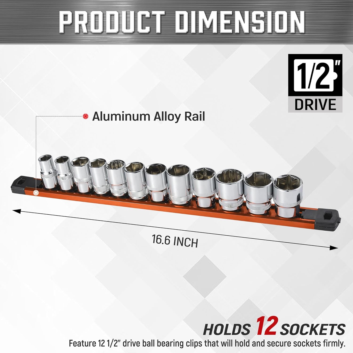 ALOANES 1/2-Inch Drive Magnetic Socket Organizer, Heavy Duty Aluminum Socket Rail Organizer, 360° Swivel Clips Socket Holder Kit for Tool Box, 1/2-Inch Socket Holder x 12 Clips (Orange)