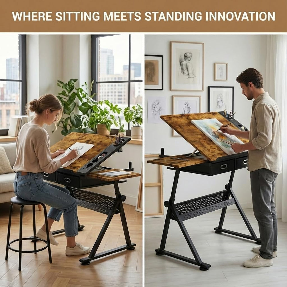 Drafting Table with Storage & Stool: Adjustable Tilting Art Desk, 2 Drawe...