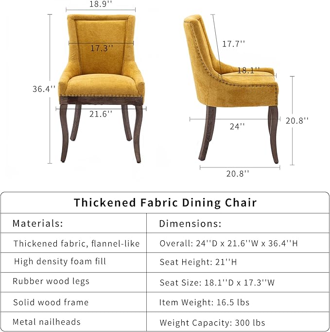 Gold Dining Chairs Set of 2, Kitchen & Dining Room Chairs, Fabric Upholstered Dinning Chairs, Sillas De Comedor, Nailhead Trim, Wood Legs (Yellow, 2 Pcs)