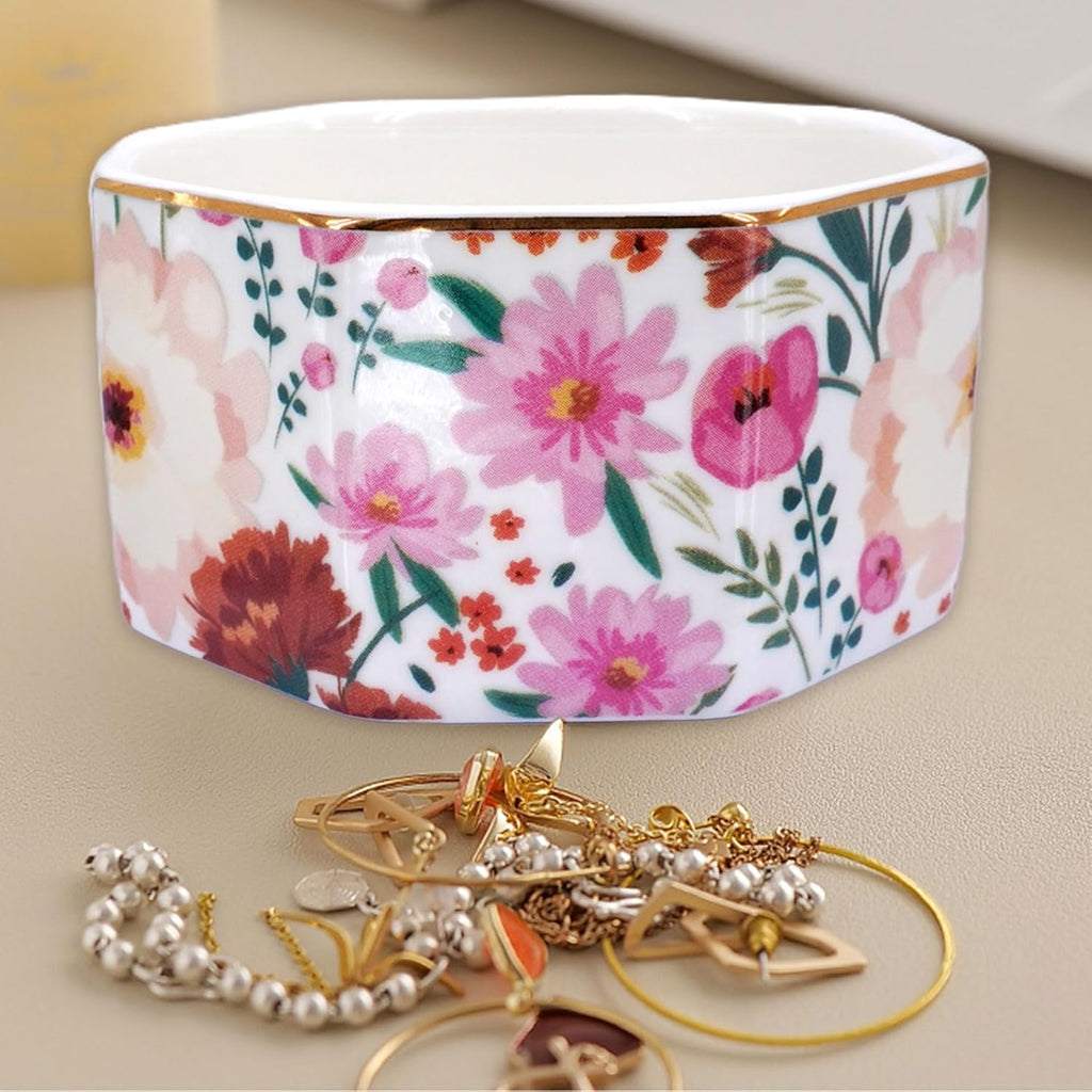 Ceramic Paper Clip Holder Gold Line Paper Clip Dispenser Organizer for Desk Cute Floral Pattern Office Binder Clip Holder Bobby Pin and Hair Clip Holder Gift for Office (White Pink)