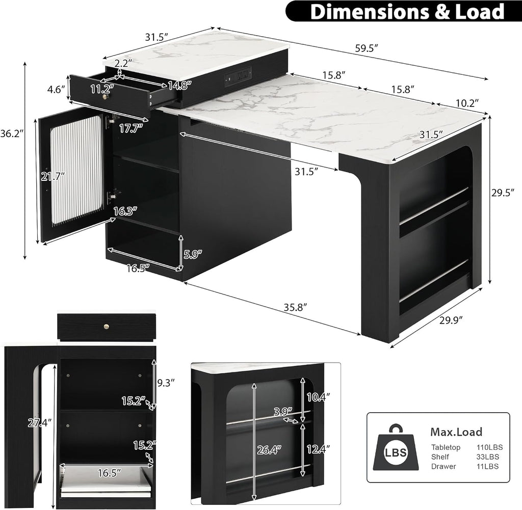 Merax 59.5" Kitchen Island with Extendable Table, Black | Table with Double-Sized Storage, Modern Island with 2 Drawers, Power Outlet, Side Open Shelves for Dining Room