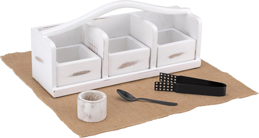 Wooden Tea Bag Organizer | Farmhouse Finish | 3-Compartment Storage | Countertop | Accessories: Tea Bag Squeezer, Natural Jute Placemat, Tea Spoon, Wooden Napkin Ring
