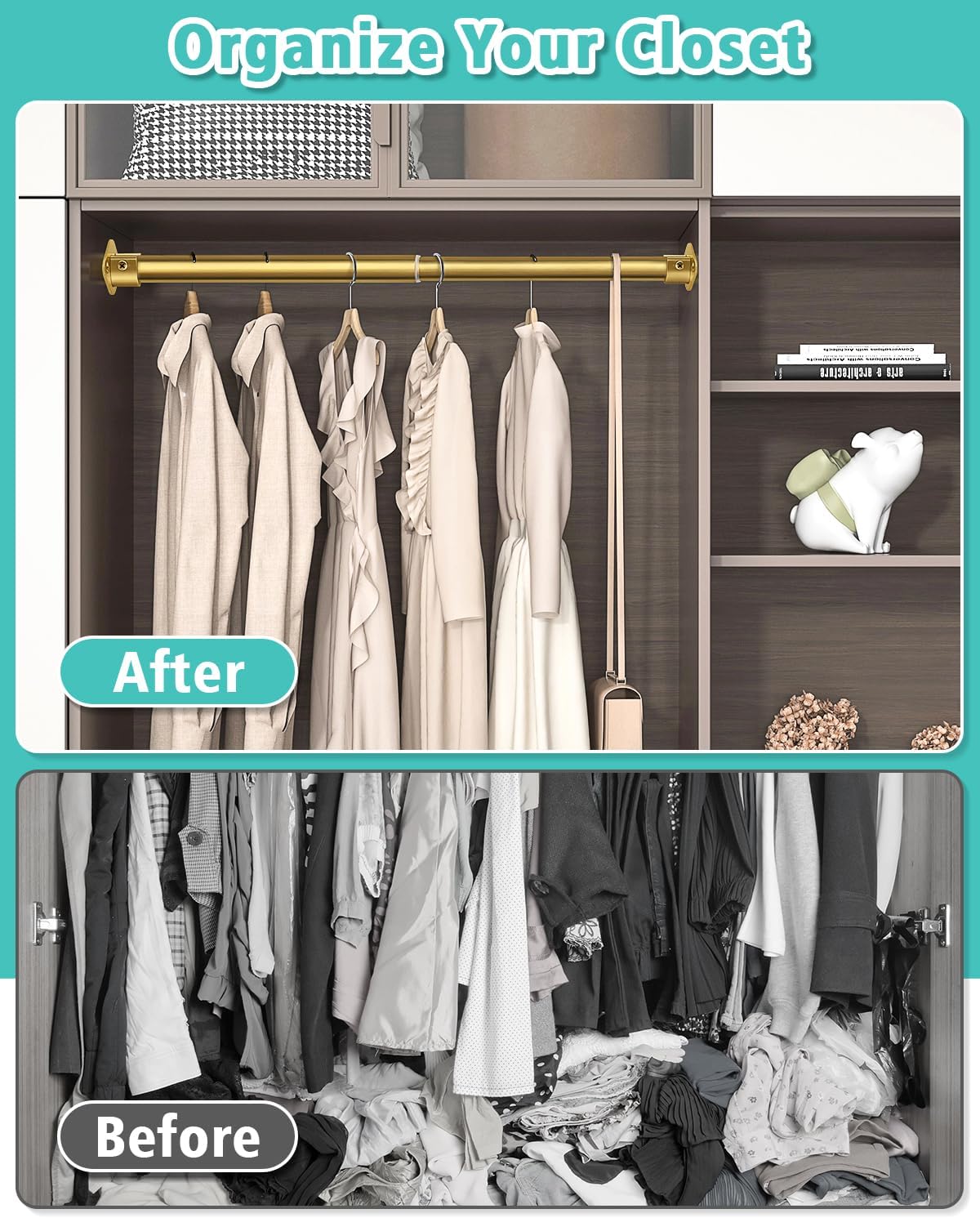 Closet Rod, 17 to 52 Inch Heavy Duty Adjustable Metal Clothing Rack for Hanging Clothes, Closet Poles for Wardrobes, Laundry, Durable Steel, Gold（Upgraded Extra Strong）