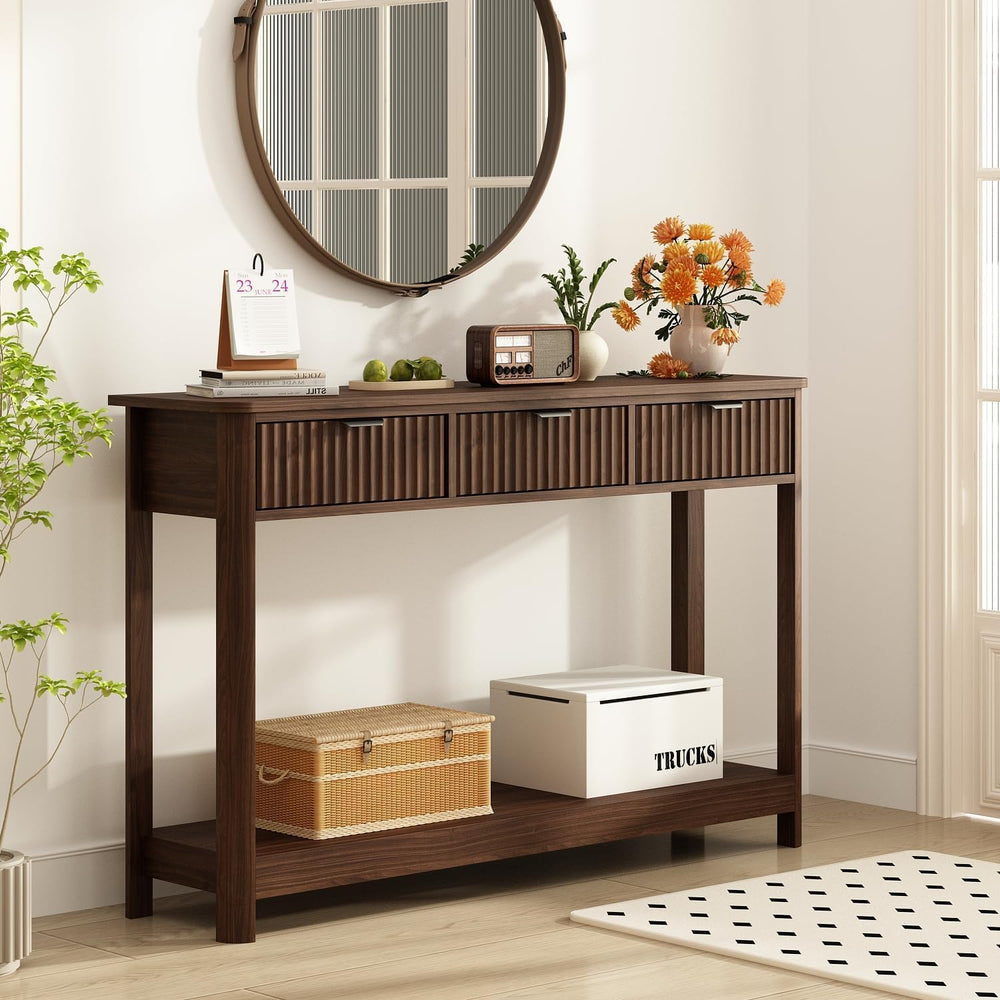 RUSTOWN Fluted Wood Console Table with 3 Drawers, 47.2" Boho Entryway Ta...
