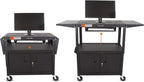 Line Leader Large AV Cart with Locking Cabinet & Drop Leaves, Rolling Height Adjustable Utility Cart with Pullout Laptop Keyboard Tray & Cord Management, Narrow Mobile Workstation (Black, 54 x 18)