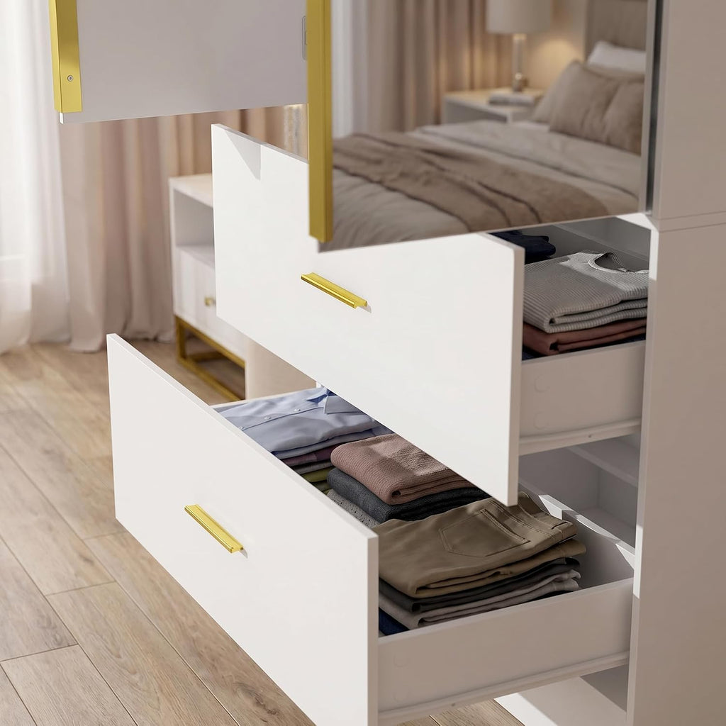 ECACAD 29.5" W Wardrobe Armoire with Mirror, Fluted Door & LED Light, Wooden Closet Storage Cabinet with Hanging Rod, 2 Doors and 2 Drawers for Bedroom, White