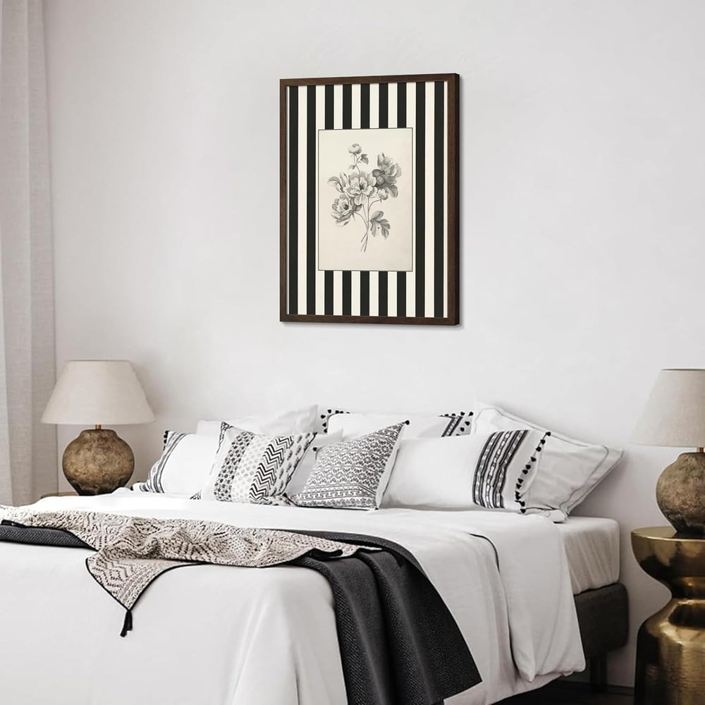 Framed Black and White Striped Wall Art Vintage Flower Pictures 16x24 In