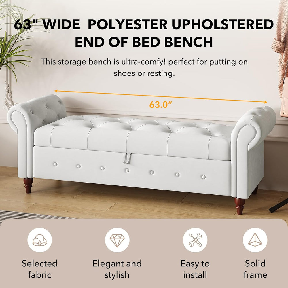 63" Wide Storage Bench, Polyester Upholstered End of Bed Bench with Pull...