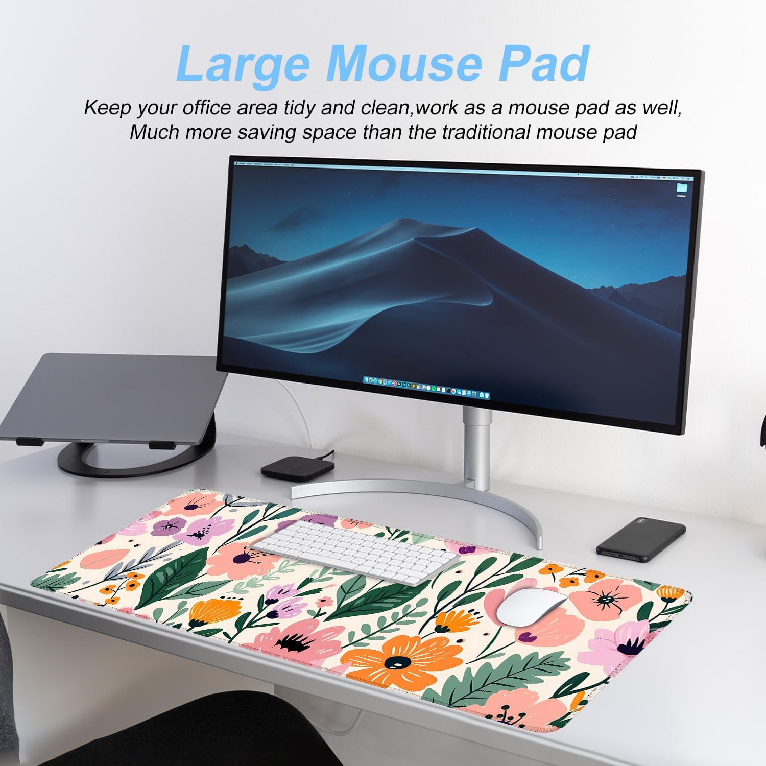 Floral Mouse Pad XXL – Large Extended Desk Mat with Cute Hand-Drawn Flowers,Non-Slip Mousepad for Office, School, Workstation, Gift for Women & Teens, 31.5 x 11.8 in