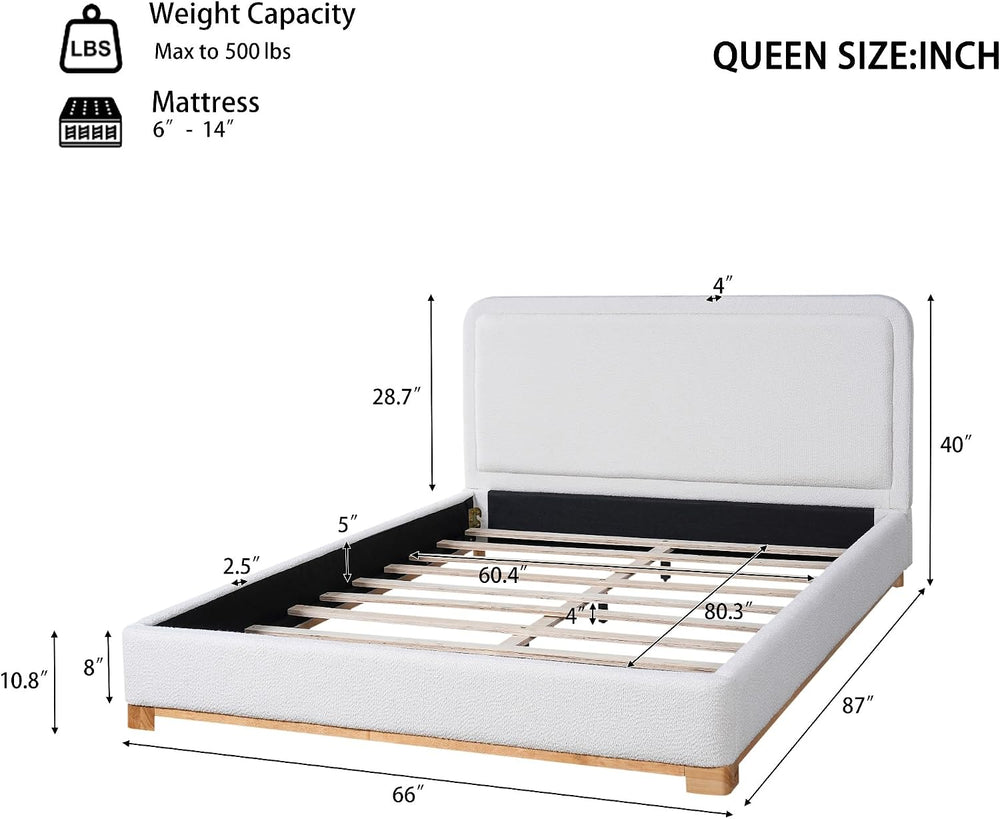Peanu Queen Bed Frame, Boucle Upholstered Headboard, White Base