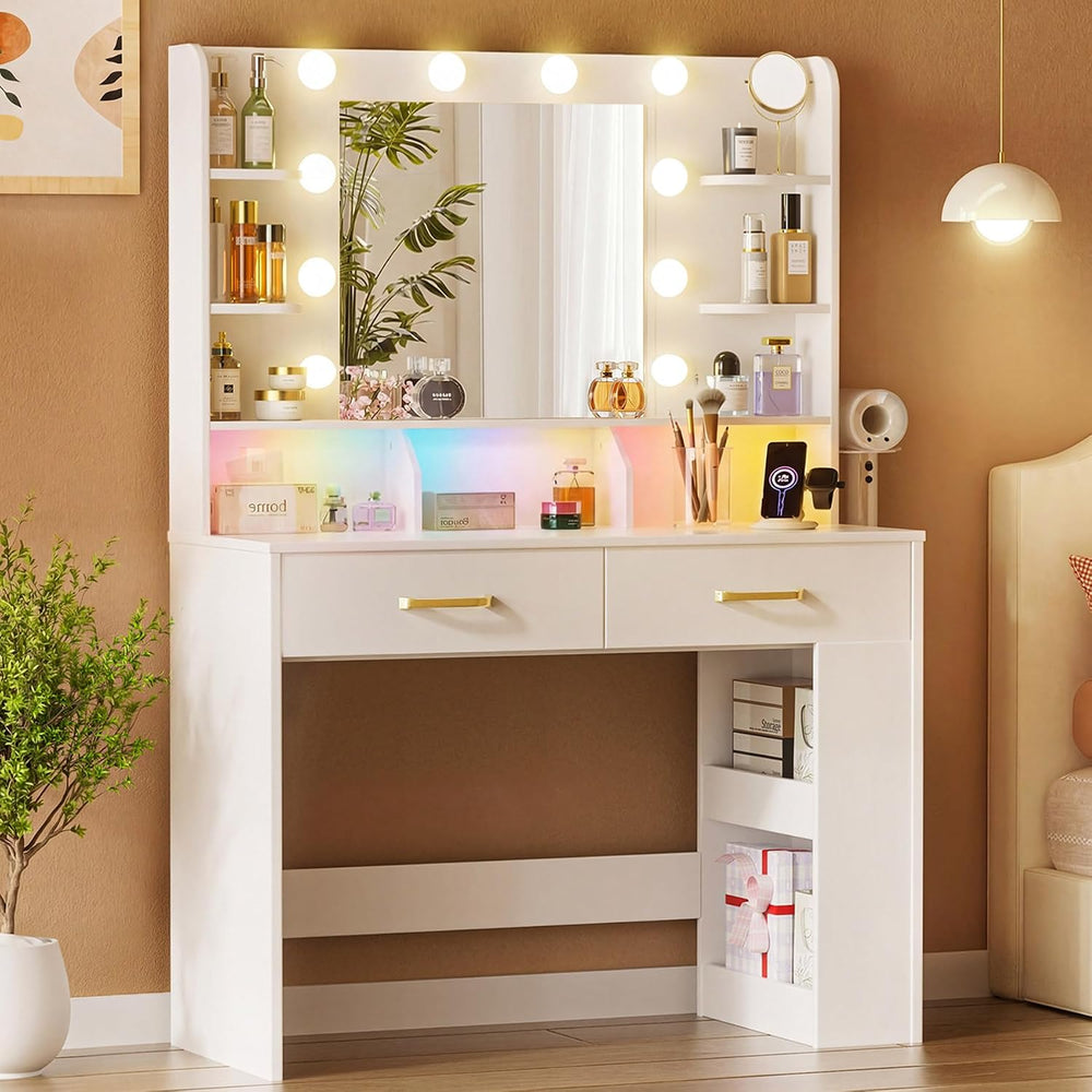 COMHOMA Vanity Desk with Mirror and Light, Small Makeup Vanity with Storage D...