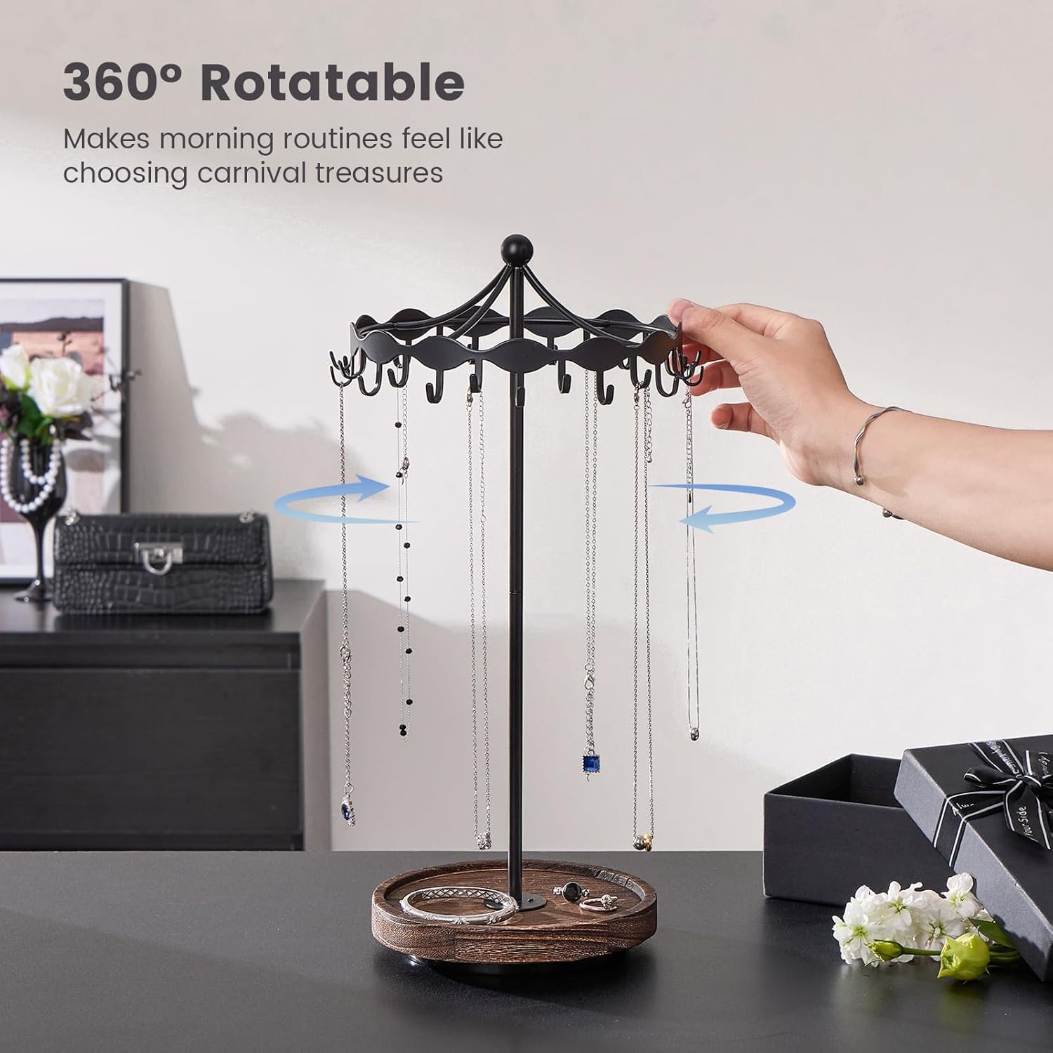Lolalet Rotating Necklace Holder Stand with Metal Hooks, Spinning Display Carousels, Freestanding Organizer Hanger, for Long Necklaces Chains -Black
