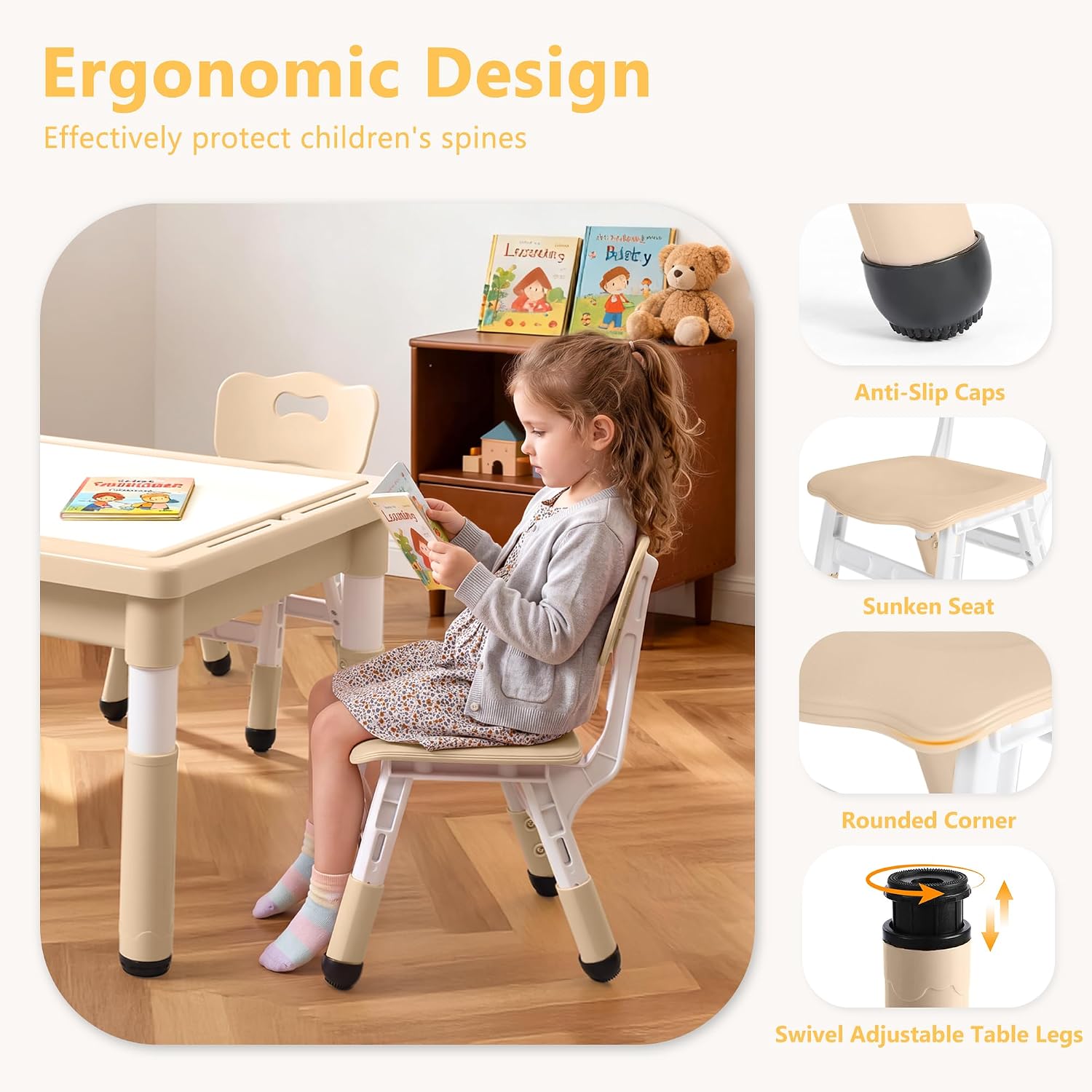 Kinder King Kids Table & 2 Chairs Set, Height Adjustable Children Activity Table w/Storage, Graffiti & Building Blocks Tabletop, Toddler Furniture Set for Classroom, Daycare, Home, Age 3+, Khaki
