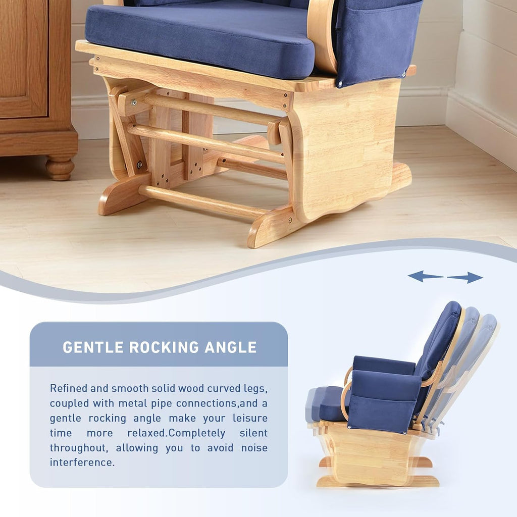 Natural Wood Glider Rocker Chair, Silent Smooth Gliding Nursery Rocking Chair with Solid Hardwood Base, Safety Design, Comfy Cushion for Baby Feeding, Nursery, Living Room, Bedroom, Blue