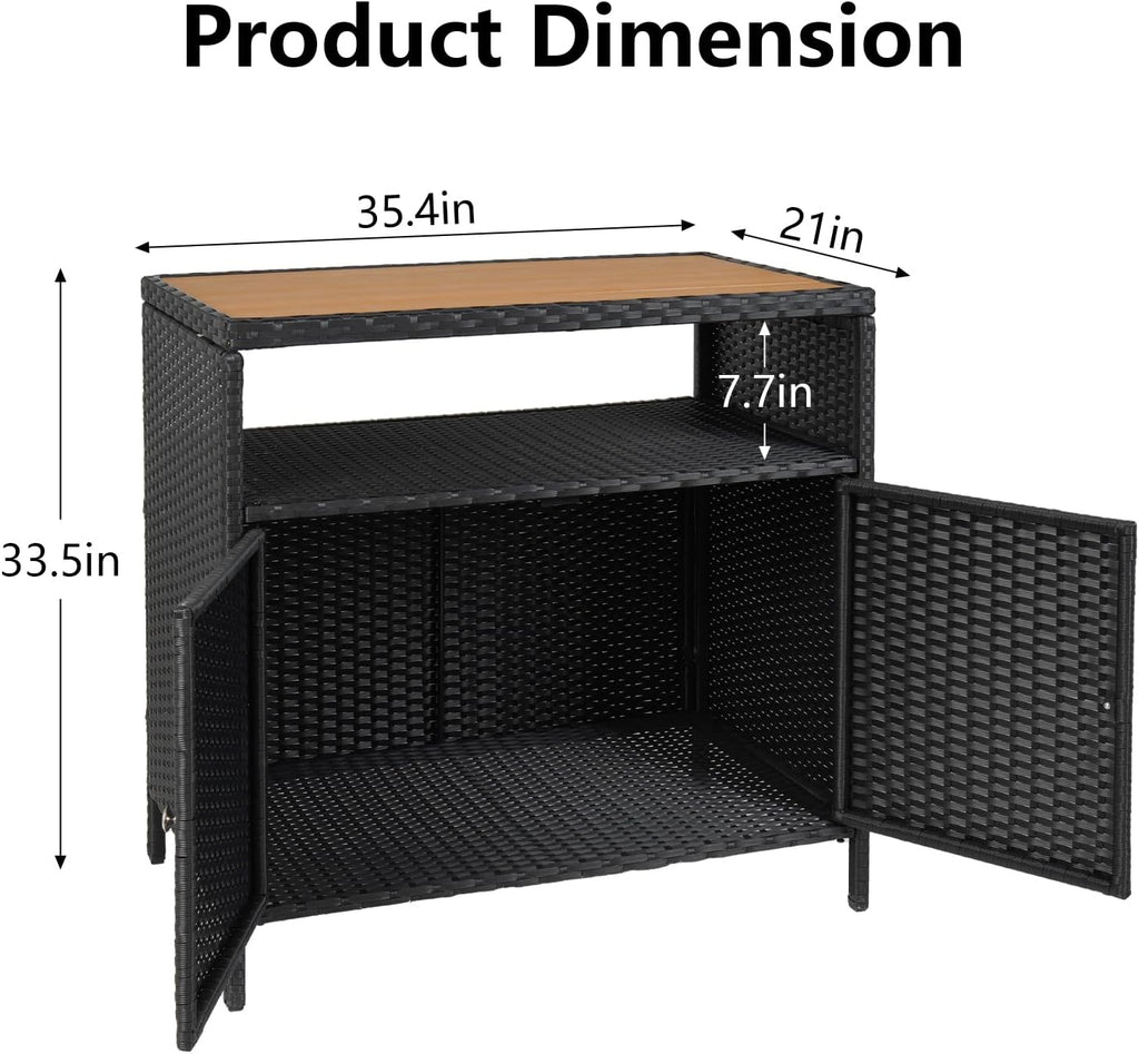 Garvee Patio Outdoor Wicker Storage Cabinet with Shelf, Powder Coated Steel, Patio Bar Table with 2-Door and Shelf, All Weather Resin Wicker, Patio Pool Garden Kitchen, Brown Table