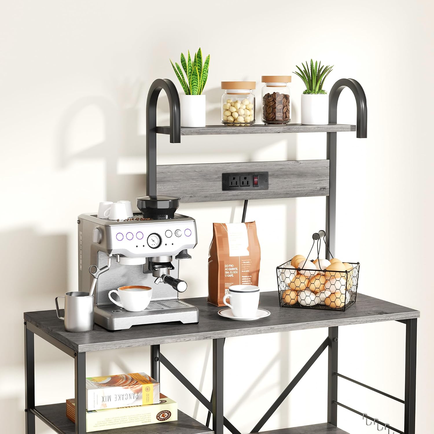 35.4 inch Kitchen Bakers Rack with Power Outlet, Coffee Bar Table & Microwave Oven Stand, Storage Shelf Rack with Wire Basket & 6 S-shaped Hooks for Spices, Pots and Pans - Grey