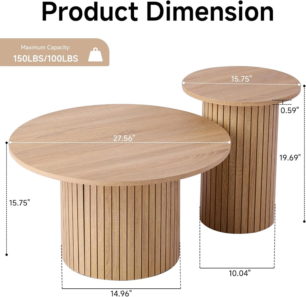 Round Nesting Coffee Tables Set of 2, Mid Century Modern Small Wood Side Tabl...