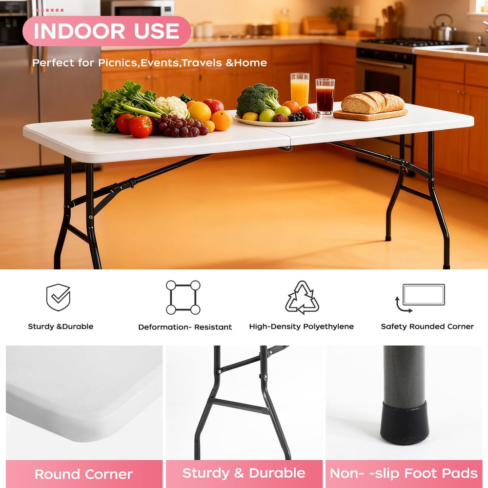 FDW | 8FT Folding Table | White | Portable Plastic Table | with Carry Handle ...