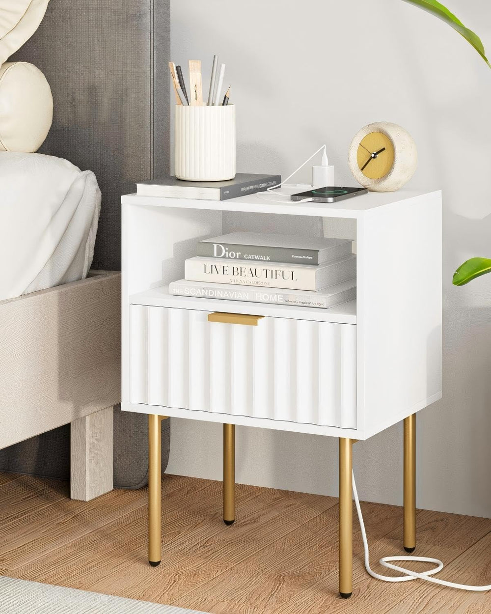 Masupu Nightstand with Charging Station,Mid-Century Modern Bedside Table with...