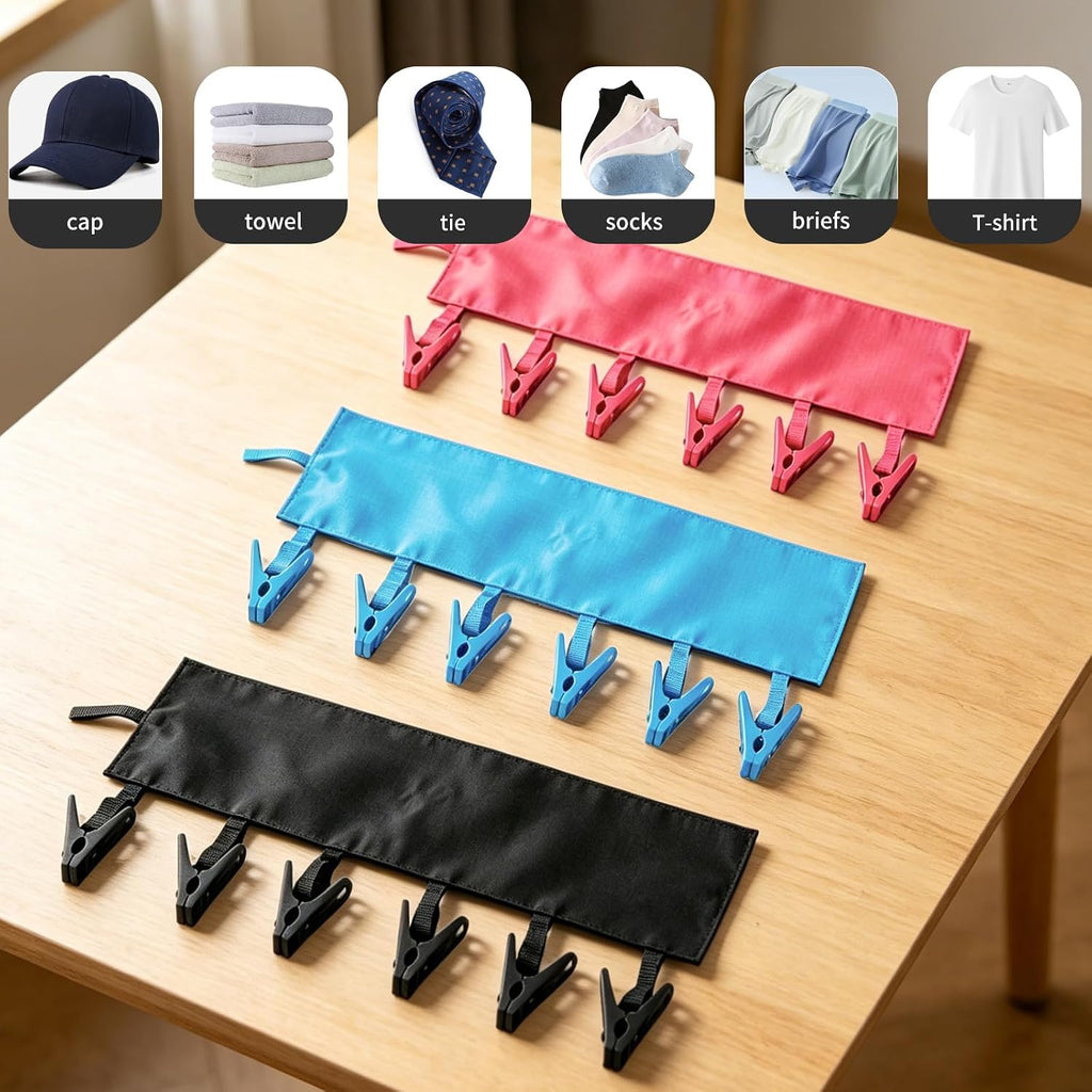 Mini Clothespins Travel Hangers 3-Pack: Foldable Portable Clothes Hangers w/ 6 Clips for Swimsuit, Towel & Sock Drying Rack - Cruise, Dorms, Travel (Black, Blue, Red)