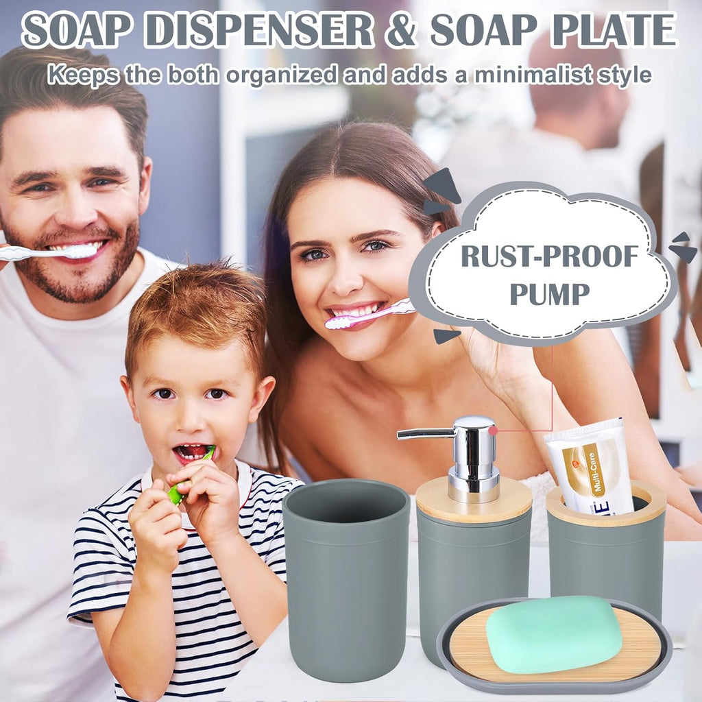iMucci 9Pcs Grey Bathroom Accessories Set with Trash Can,Toilet Brush,Toothbrush Holder, Lotion Soap Dispenser, Soap Dish,Toothbrush Cup,Vanity Tray,Qtip Holder