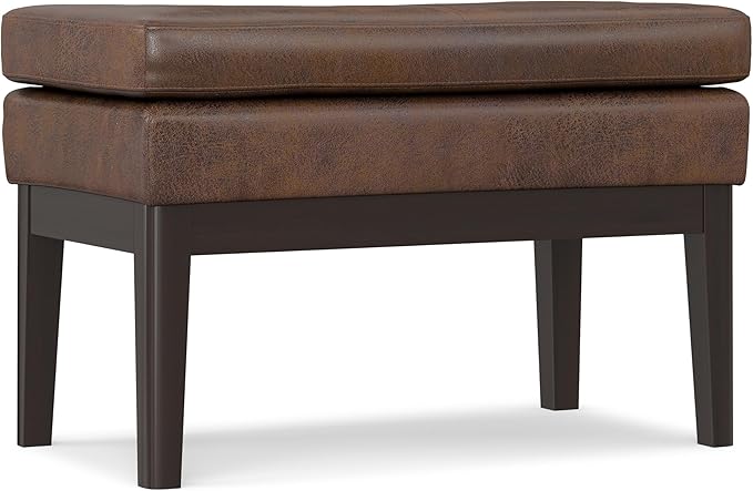 SIMPLIHOME Carlson 27-inch Wide Vegan Faux Leather Small Ottoman Bench in Distressed Chestnut Brown with Solid Wood Frame for Living Room, Entryway, or Bedroom