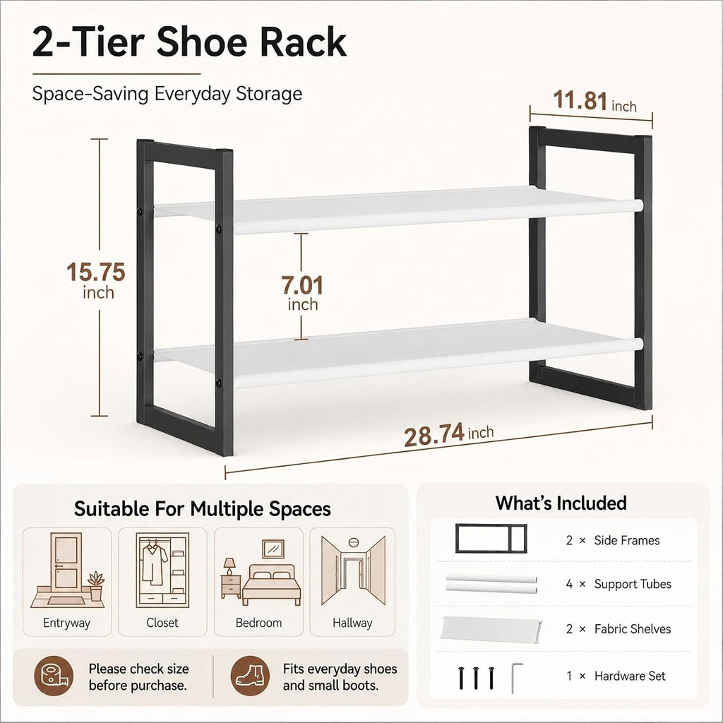 2-Tier Shoe Rack for Closet & Entryway, Stackable Shoe Organizer, Screw-Fastened Metal Frame for Less Wobble, Heel-Friendly Non-Woven Shelves, 11.8" Deep Space-Saving Shoe Storage (Black)