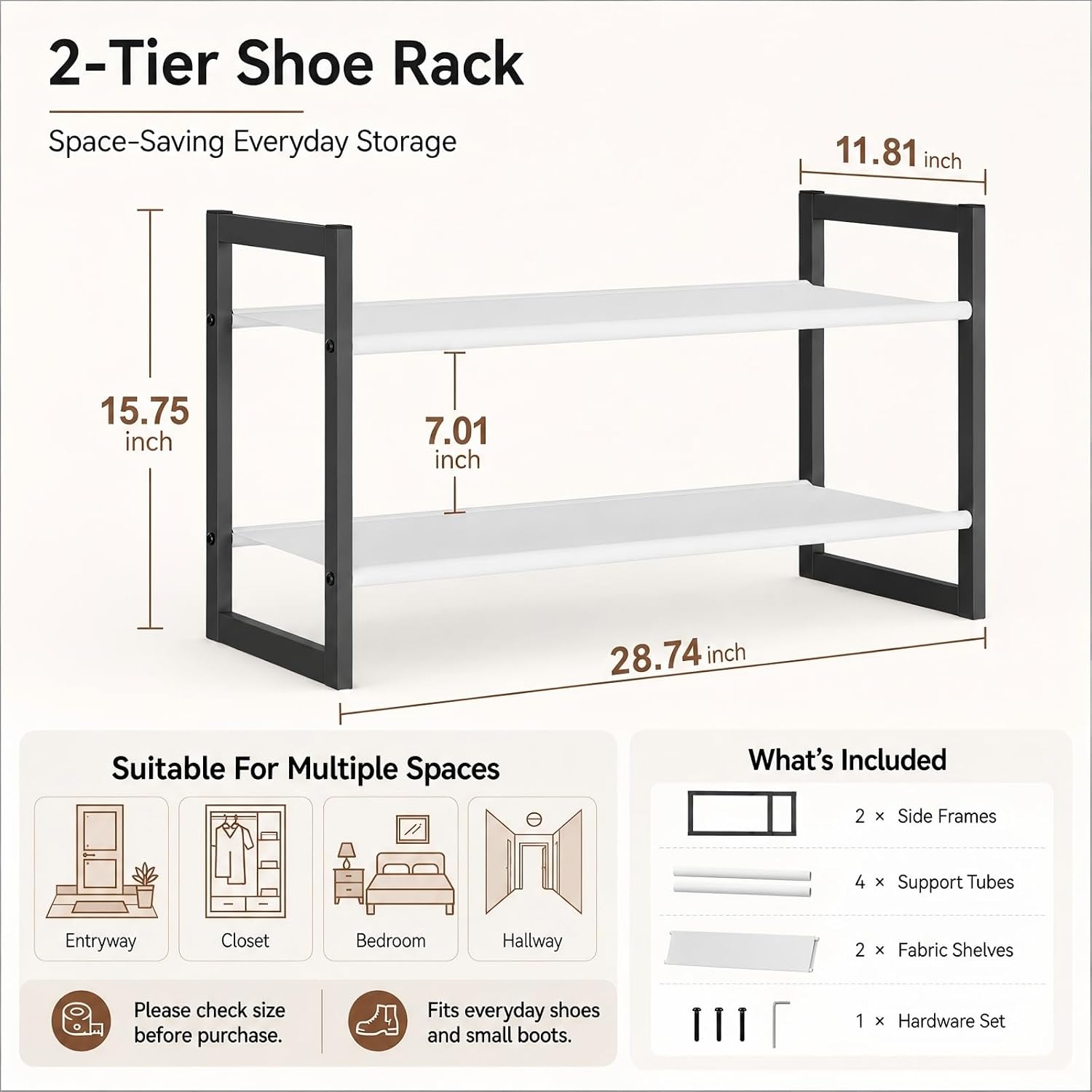 2-Tier Shoe Rack for Closet & Entryway, Stackable Shoe Organizer, Screw-Fastened Metal Frame for Less Wobble, Heel-Friendly Non-Woven Shelves, 11.8" Deep Space-Saving Shoe Storage (Black)