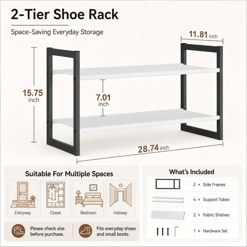 2-Tier Shoe Rack for Closet & Entryway, Stackable Shoe Organizer, Screw-Fastened Metal Frame for Less Wobble, Heel-Friendly Non-Woven Shelves, 11.8" Deep Space-Saving Shoe Storage (Black)
