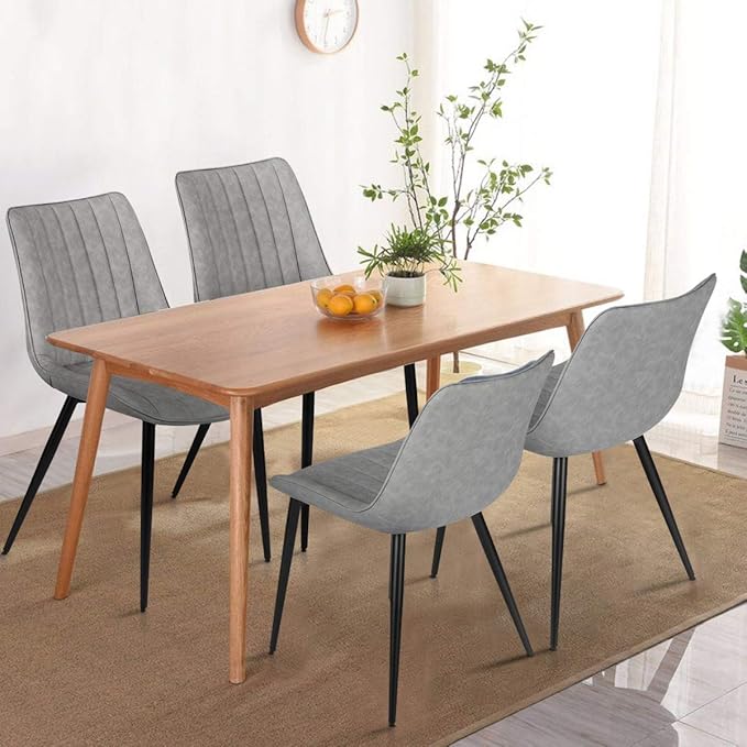 4 PCS Faux Leather Dining Chairs, Mid Century Modern Leisure Upholstered Chair with Metal Legs for Kitchen Living Room Gray