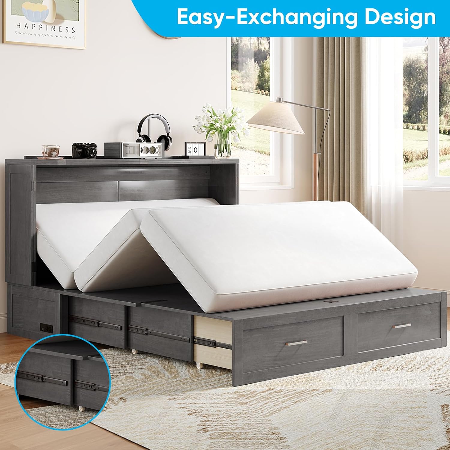 Mjkone Murphy Bed with Folding Mattress, Queen Size Cabinet Bed with USB Charging Station & Large Drawers, Cube Cabinet Beds for Guest Room, Home, Office (Grey)