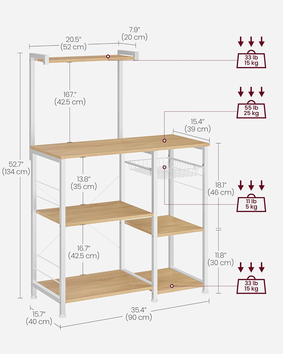 VASAGLE Baker's Rack, Microwave Stand, Kitchen Storage Rack with Wire Basket, 6 Hooks, and Shelves, for Spices, Pots, and Pans, Golden Oak and Cloud White UKKS035W09