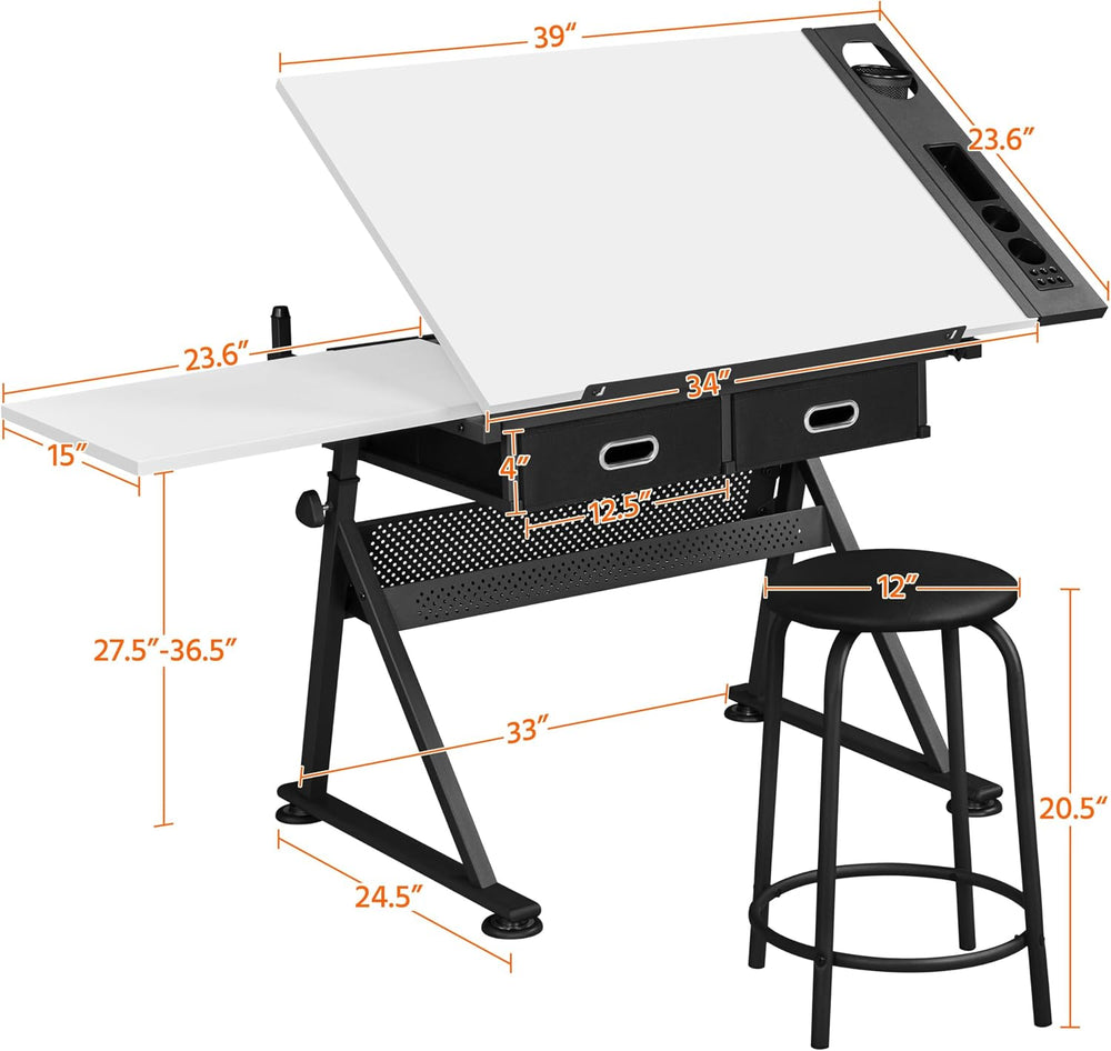 Yaheetech Adjustable Drafting Table Art Desk,Storage Drawers & Stool,Whit...