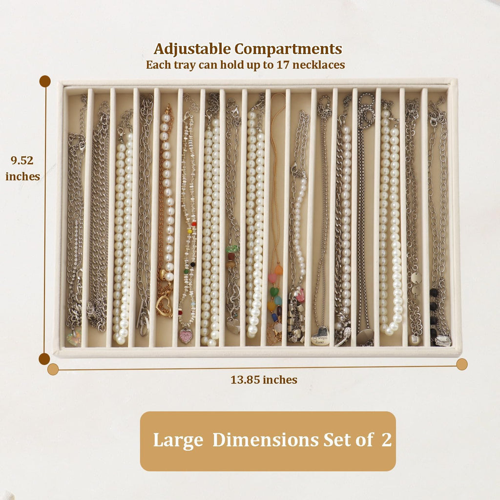 Large Velvet Jewelry Tray 2 Pack Stackable Jewelry Display Drawer Inserts Trays Organizer for Earring Bracelet Necklace Ring (Beige, 16 Grids)