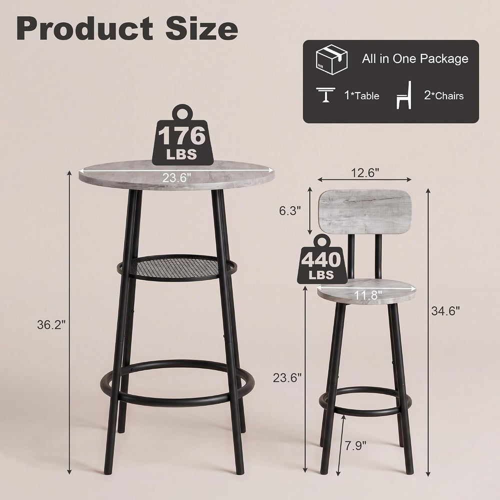 KIVENJAJA Round Bar Table and Chair Set for 2, 3 Piece, Grey | for Kitchen/Di...
