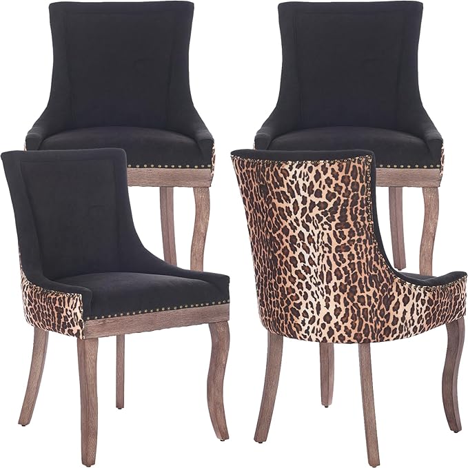 Dining Chairs Set of 4, Kitchen & Dining Room Chairs, Leopord Fabric Upholstered Dinning Chairs, Sillas De Comedor, Nailhead Trim, Wood Legs (Leopord, 4 Pcs)