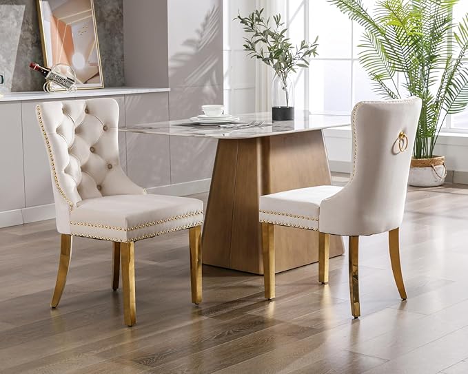 KCC Velvet Dining Chairs Set of 4, Upholstered High-end Tufted Dining Chair with Nailhead Back Ring Pull Trim Stainless Steel Legs, Contemporary Nikki Collection Modern Style for Kitchen, Beige