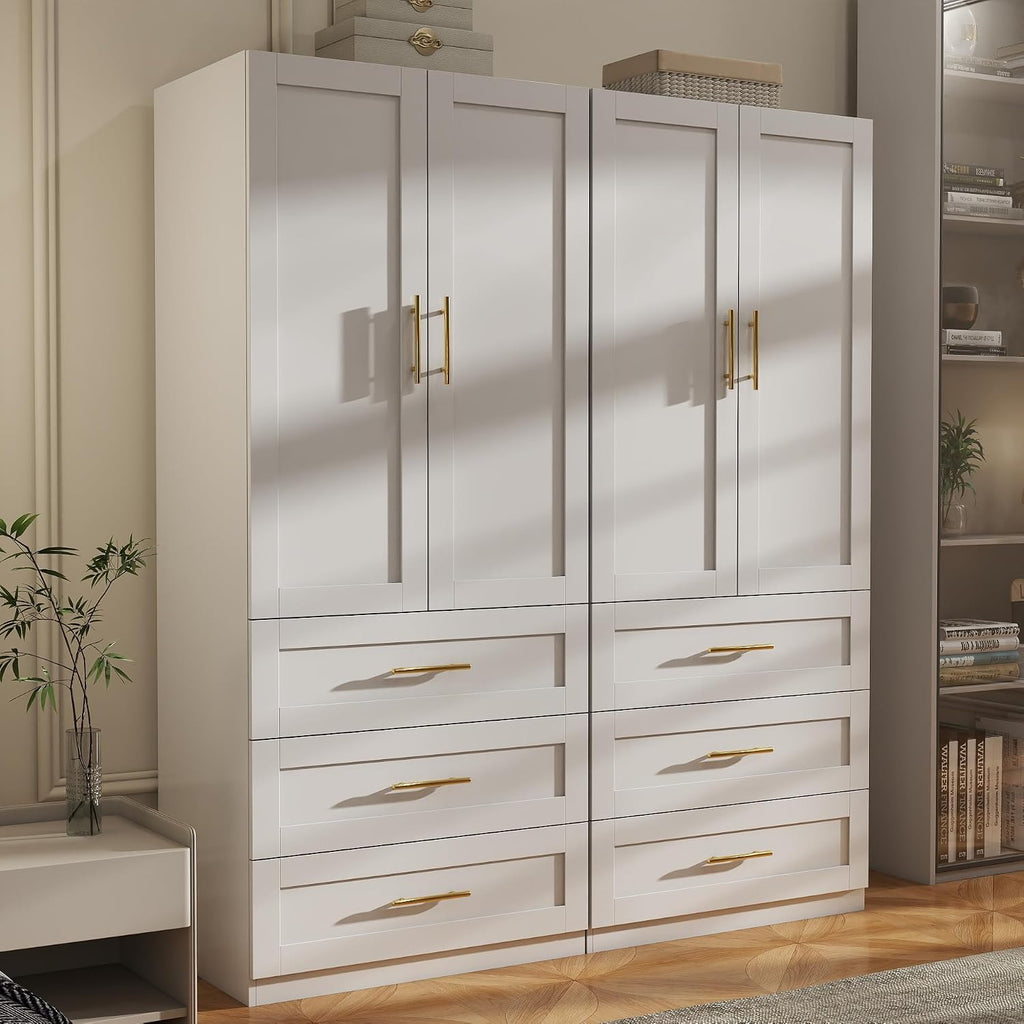 Armoire Wardrobe Closet with Drawers: 75" White Large Wardrobe Closet with Doors, Tall Clothes Cabinets for Bedroom, Wood Clothes Armoire with Hanging Rod