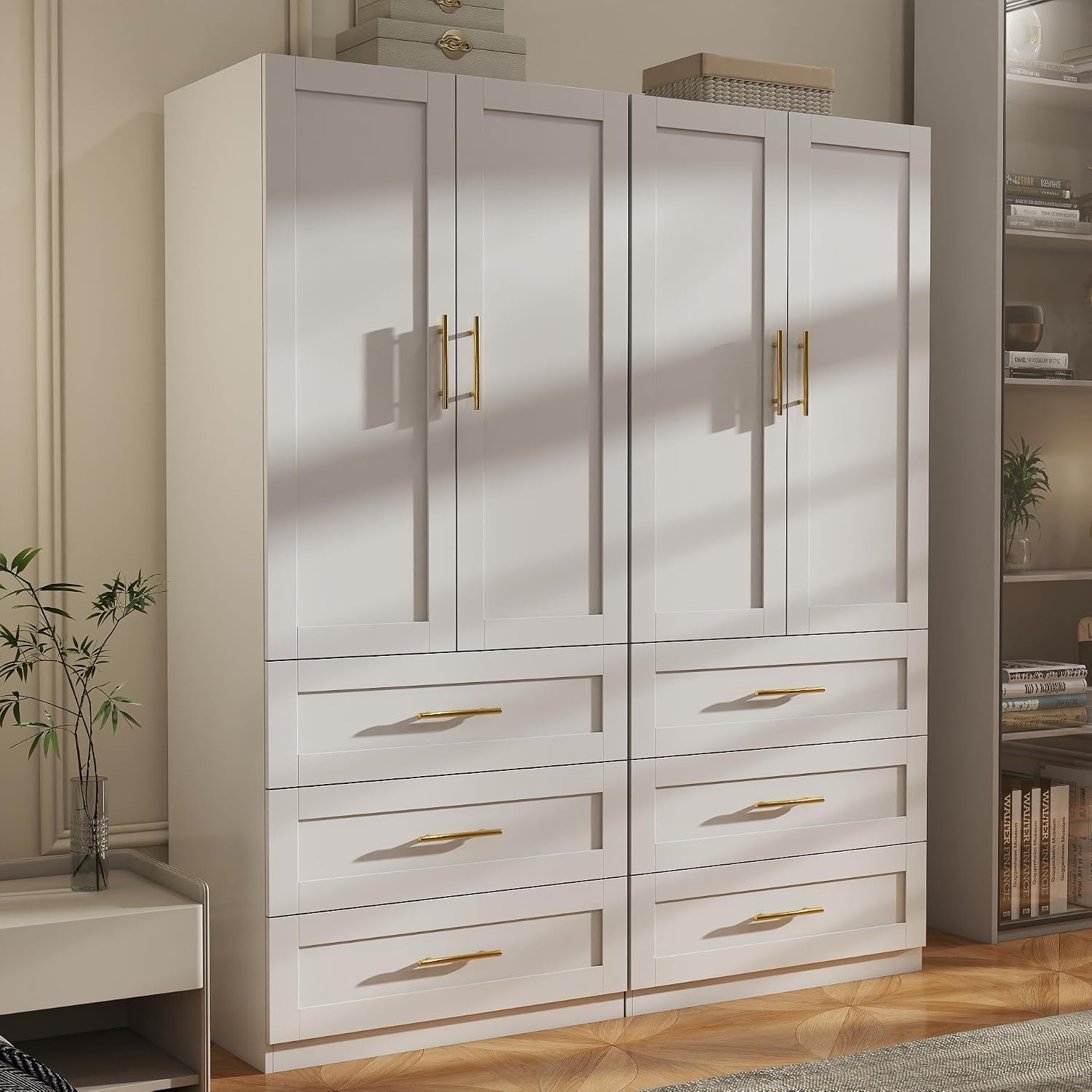 Armoire Wardrobe Closet with Drawers: 75" White Large Wardrobe Closet with Doors, Tall Clothes Cabinets for Bedroom, Wood Clothes Armoire with Hanging Rod