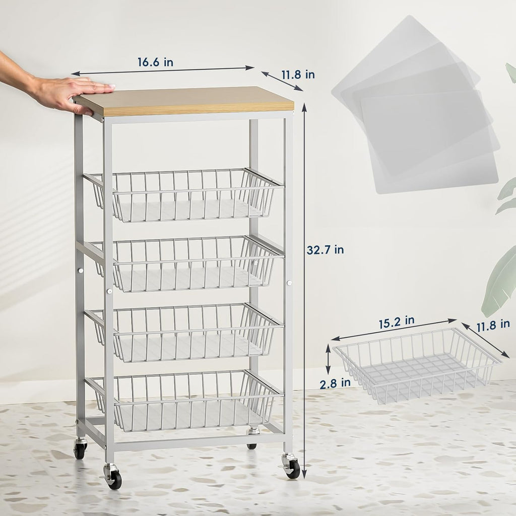 Snack Cart, 5-Tier Kitchen Carts on Wheels with Storage,Fruit Basket Stand with Pull-Out Baskets and Wood Top,Kitchen Organizer for Fruit Vegetable Snack (Oak Beige)