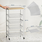 Snack Cart, 5-Tier Kitchen Carts on Wheels with Storage,Fruit Basket Stand with Pull-Out Baskets and Wood Top,Kitchen Organizer for Fruit Vegetable Snack (Oak Beige)