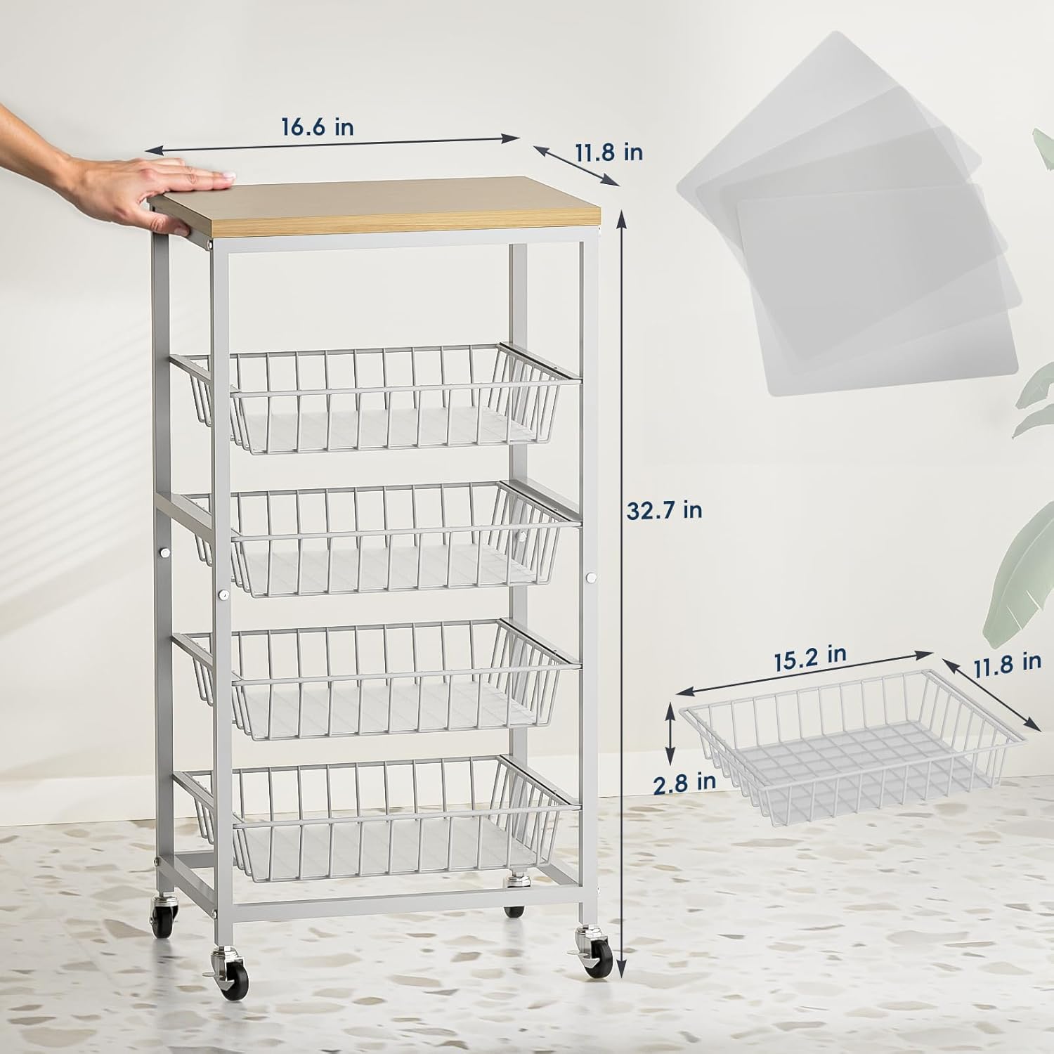 Snack Cart, 5-Tier Kitchen Carts on Wheels with Storage,Fruit Basket Stand with Pull-Out Baskets and Wood Top,Kitchen Organizer for Fruit Vegetable Snack (Oak Beige)