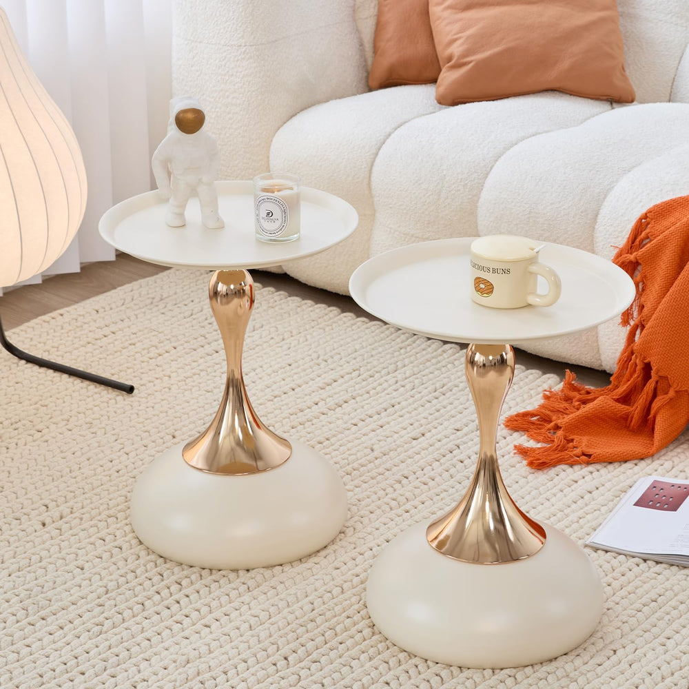 2-Pack Modern Round Side Table - White Tabletop & Gold Pedestal Base, Sty...