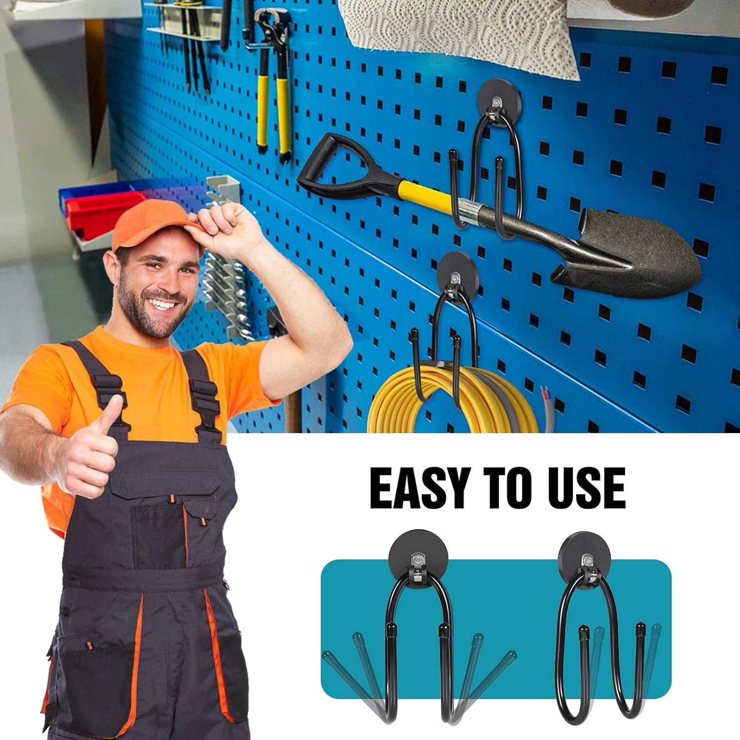 Strong Magnetic Hooks，Heavy Duty Storage Straps Tool Organizer for Extension Cords, Hoses, Cables, Ropes, Drills,Wall Mount for RV and Garage (2 PCS 50 Pounds) (Black-2PCS)