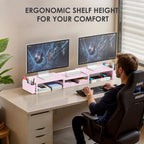 OPNICE Pink Desk Organizers and Accessories for Women, Dual Computer Monitor Stand Riser with Drawer and 2 Pen Holders, Office Desk Accessories, Workspace Desktop Organization for Office Supplies