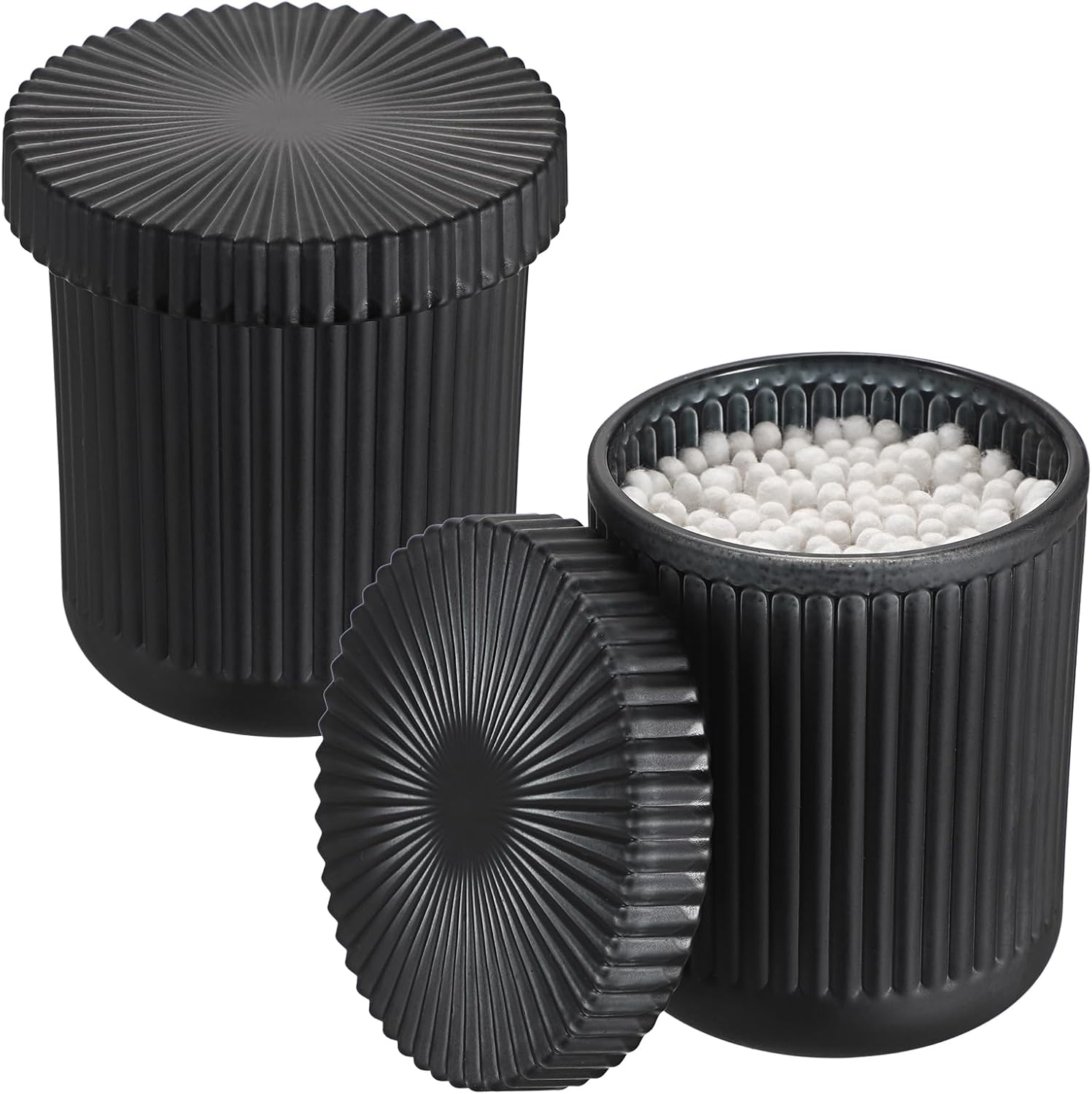 2 Pack Glass Qtip Holder with Lid, Qtip Dispenser Bathroom Storage Jars- Glass Apothecary Jars for Cotton Ball, Swab, Pads, Floss Picks, Bathroom Accessories Organization and Vanity Organizer(Black)