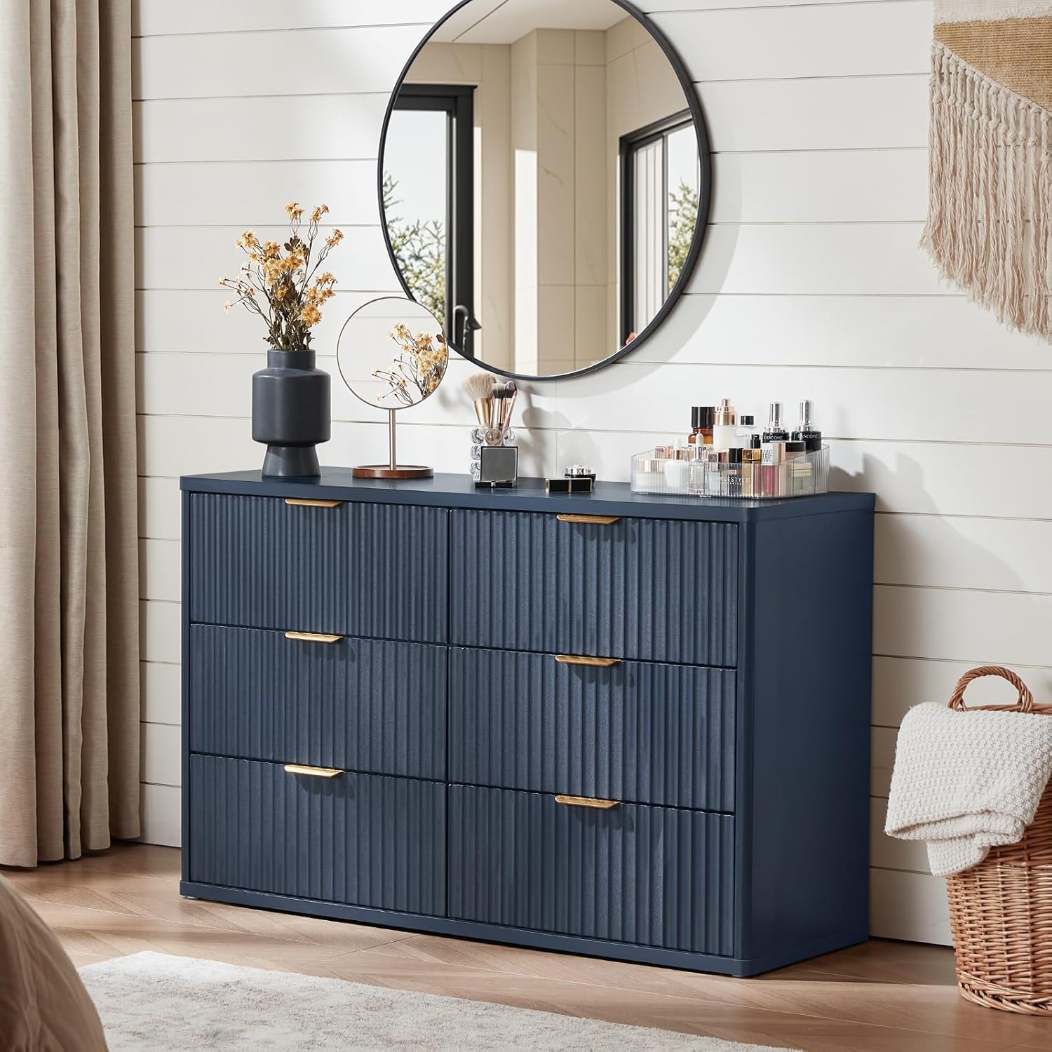 LEYAOYAO Fluted 6 Drawers Dresser Set of 2, 48" Wide Modern Chest of Drawers with Wood Grain Top, Curved Profile Design, Dresser TV Stand, Wooden Drawer Organizer for Bedroom, Living Room,Hallway,Blue