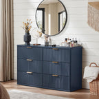LEYAOYAO Fluted 6 Drawers Dresser, 48" Wide Modern Chest of Drawers with Wood Grain Top, Curved Profile Design, Dresser TV Stand, Wood Drawer Organizer for Bedroom, Living Room, Hallway,Blue