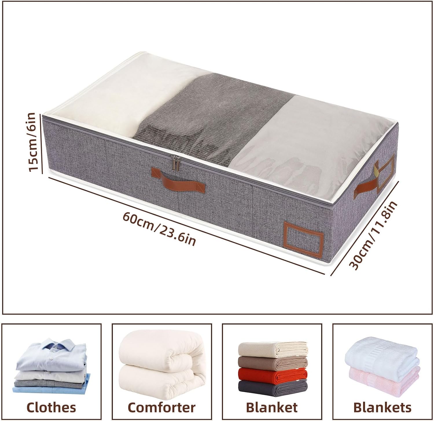 Yawinhe Under Bed Storage, 4 Pack Closet Organizers, Collapsible Container Bags, with Sorting Card Slot and 4 Leather Handles, for Blanket, Bedding, 23.6''Lx11.8''Wx6''H, Grey
