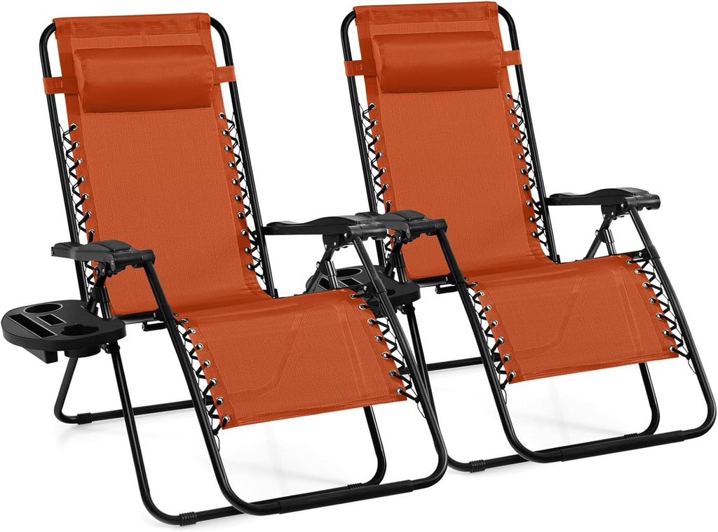 Giantex 2 PCS Zero Gravity Chair, Outdoor Chaise Lounge with Cup Holder, Patio Folding Chairs Recliner for Yard Pool Lawn Balcony, Orange